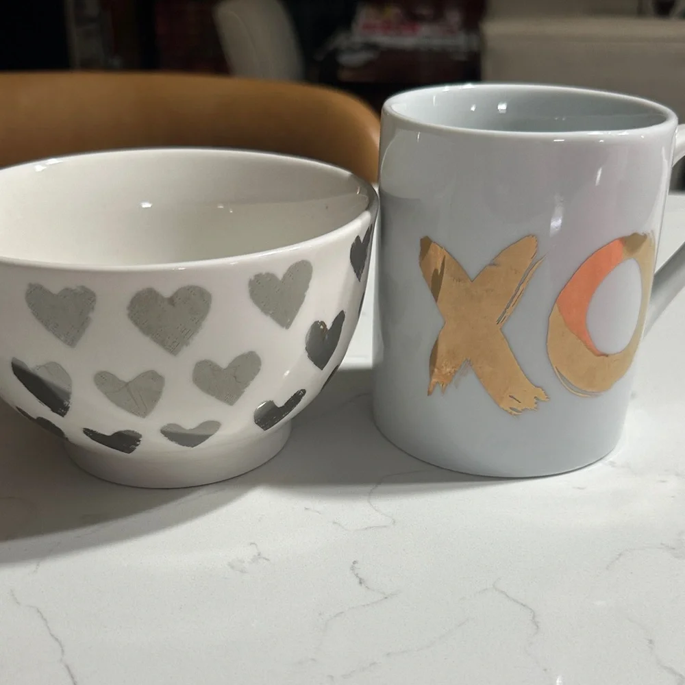 West Elm White and Gold XO Mug with Gray Heart Bowl
